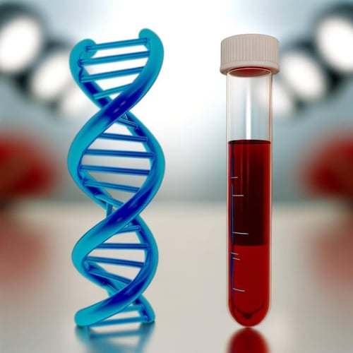 A blue DNA strand next to blood in a scientific tube