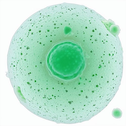 A mint green erythrocyte, white background