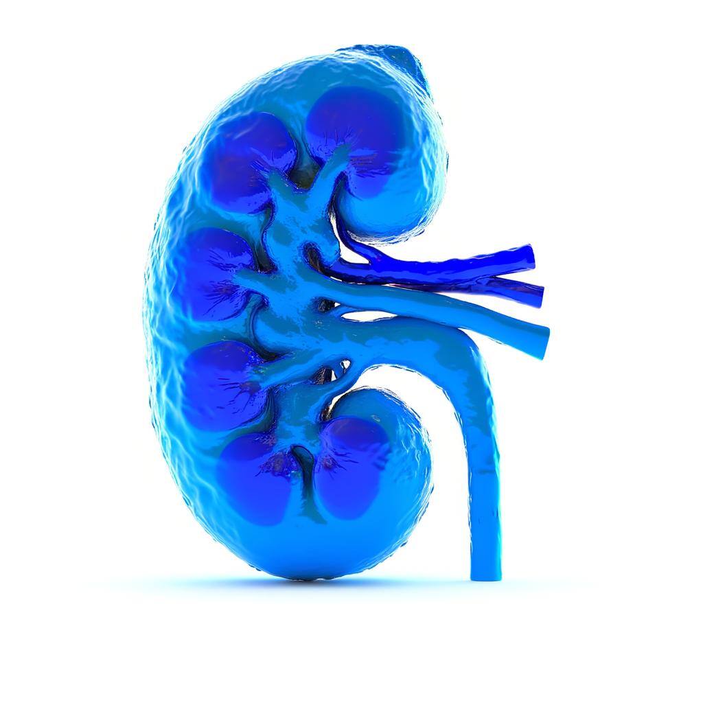 a blue human kidney with a white background