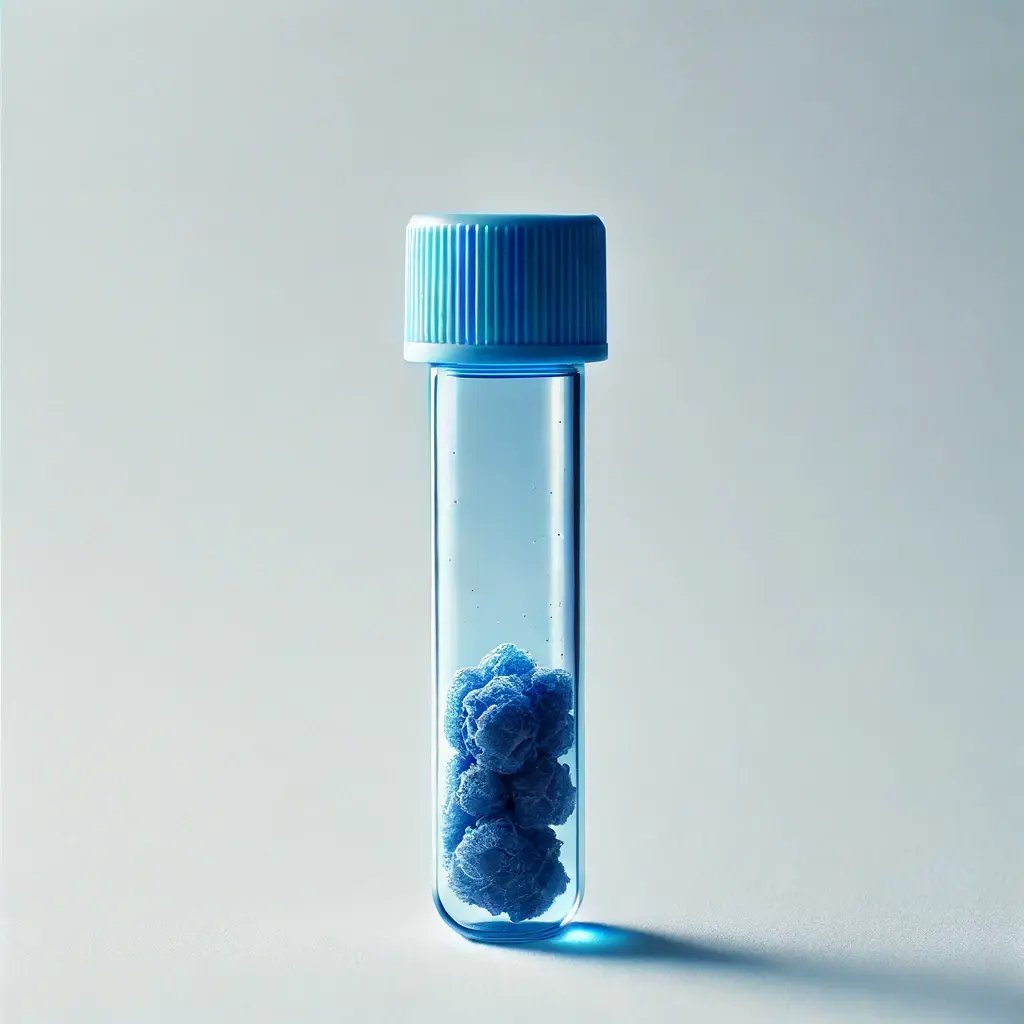 A blue scientific tube containing collected tumor tissue, placed against a clean white background. The tube is capped and clear, showing the tissue sa