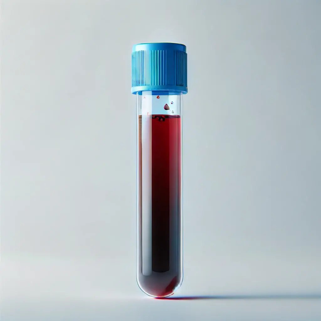 A blue scientific tube containing whole blood, placed on a white background. The tube is transparent, showing the dark red blood inside, and it has a 