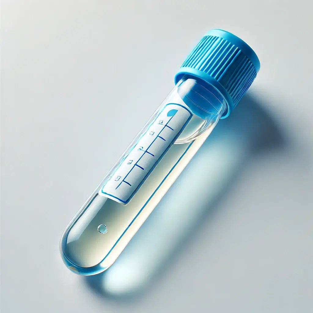 A clear blood serum sample in a blue scientific tube against a white background. The tube is transparent, showing the clear, light yellow serum inside