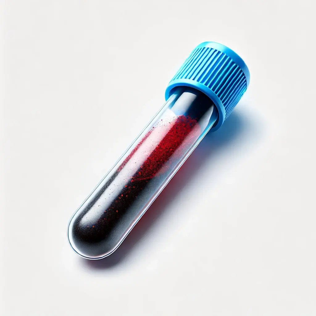 A scientific tube with a blue cap, containing a dark red solid material at the bottom. The tube is placed against a white background