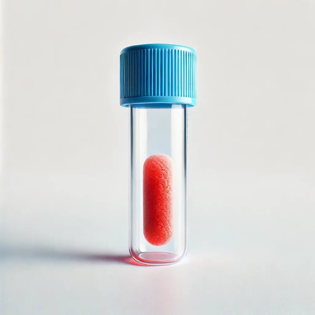 A realistic image of a small red tissue sample at the bottom of an empty blue-capped scientific tube on a white background. Only the tube with the tis