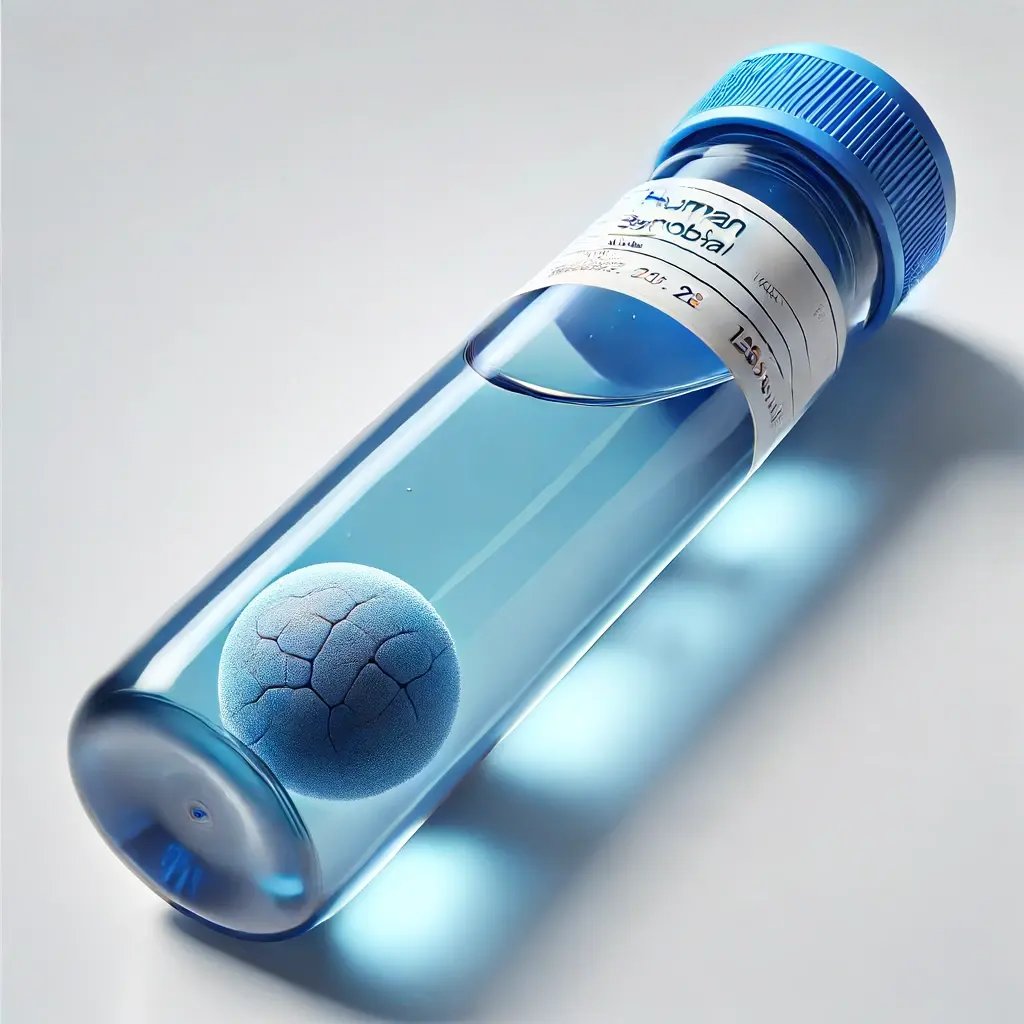 A highly realistic close-up image of a blue scientific tube containing human synovial fluid. The fluid is clear and slightly yellowish, filling about 