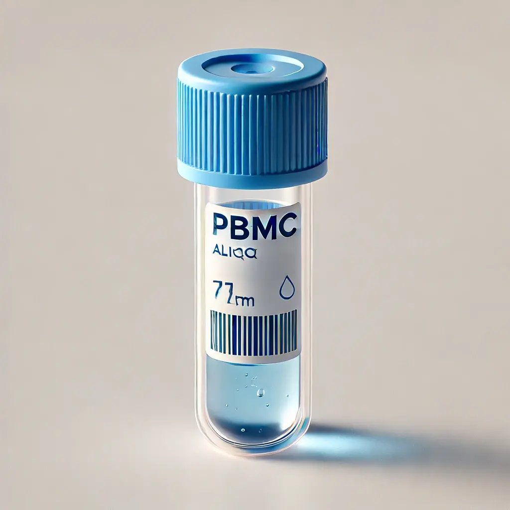 A PBMC aliquot in a blue scientific tube on a white background. The tube is clear, allowing visibility of the contents inside. The PBMC aliquot appear