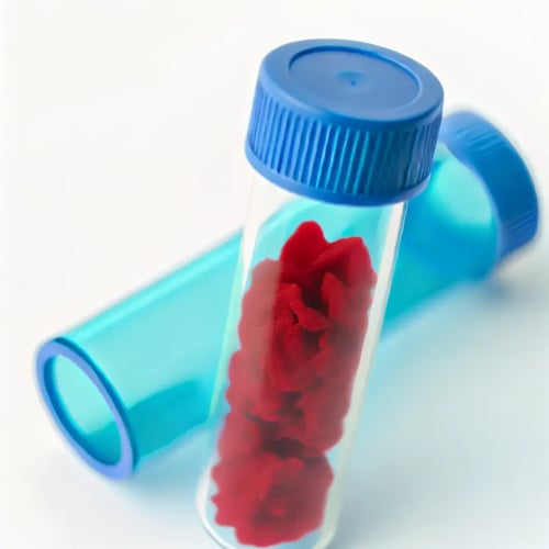 Red biological tissue in a blue scientific tube, set against a white background. The tube is transparent and the red tissue is clearly visible inside