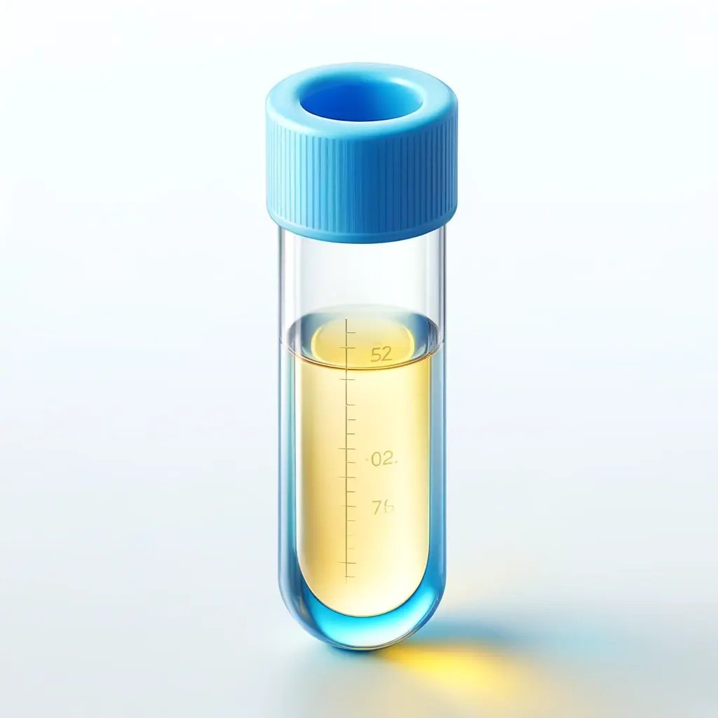 A blue scientific tube containing light yellow fluid, placed on a white background. The tube is clear and cylindrical, with measurement markings on th