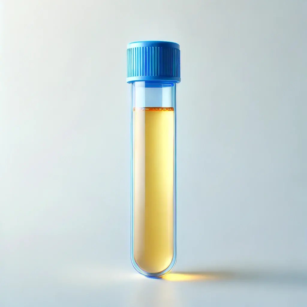 A blue scientific tube filled with human plasma, placed on a white background. The tube should be clear and show the light yellow color of the plasma 