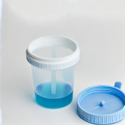 A capped urine collection cup filled with blue urine, placed on a white background