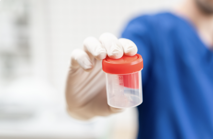 A doctor holding a urine collection cup