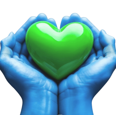 Blue hands holding a green heart